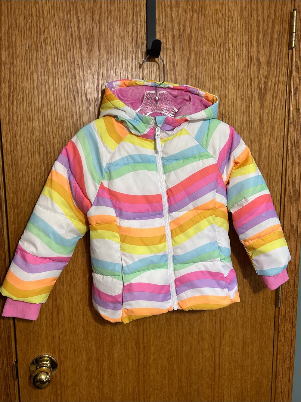 Swiss Tech Girls Pastel Rainbow Striped Hooded Winter Puffer Jacket Coat 6/6X